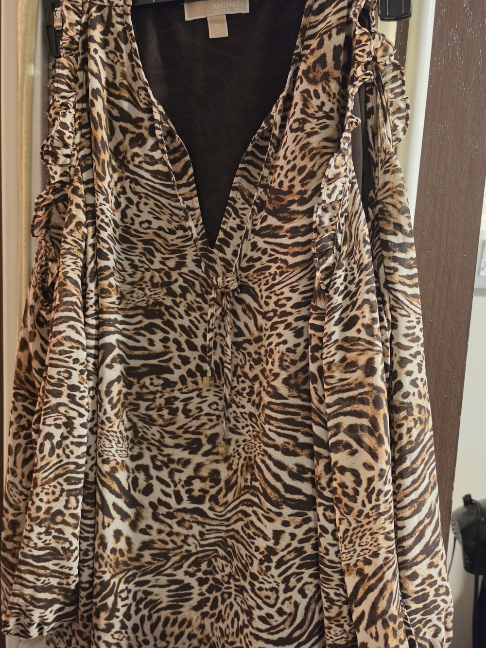 Michael Kors Leopard-Print Ruffle V-Neck Cold Shoulder Brown/Cream Blouse